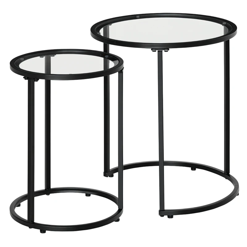 HOMCOM Juego de 2 Mesitas Auxiliares Anidadas con Estructura de Metal y Encimera de Cristal Ø50x58 cm y Ø37x51 cm Negro