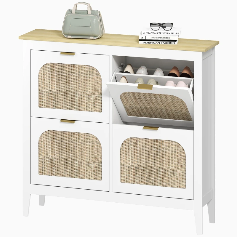 HOMCOM Mobile Scarpiera per 20 Paia di Scarpe con 4 Cassetti Ribaltabili in Legno e Rattan, 105x24x95,5 cm, Bianco