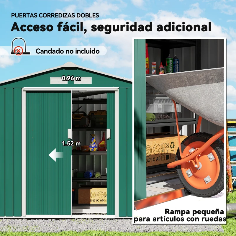 Outsunny Caseta de Jardín 213x130x185 cm Cobertizo Metálico de Exterior para Almacenamiento de Herramientas Verde Oscuro