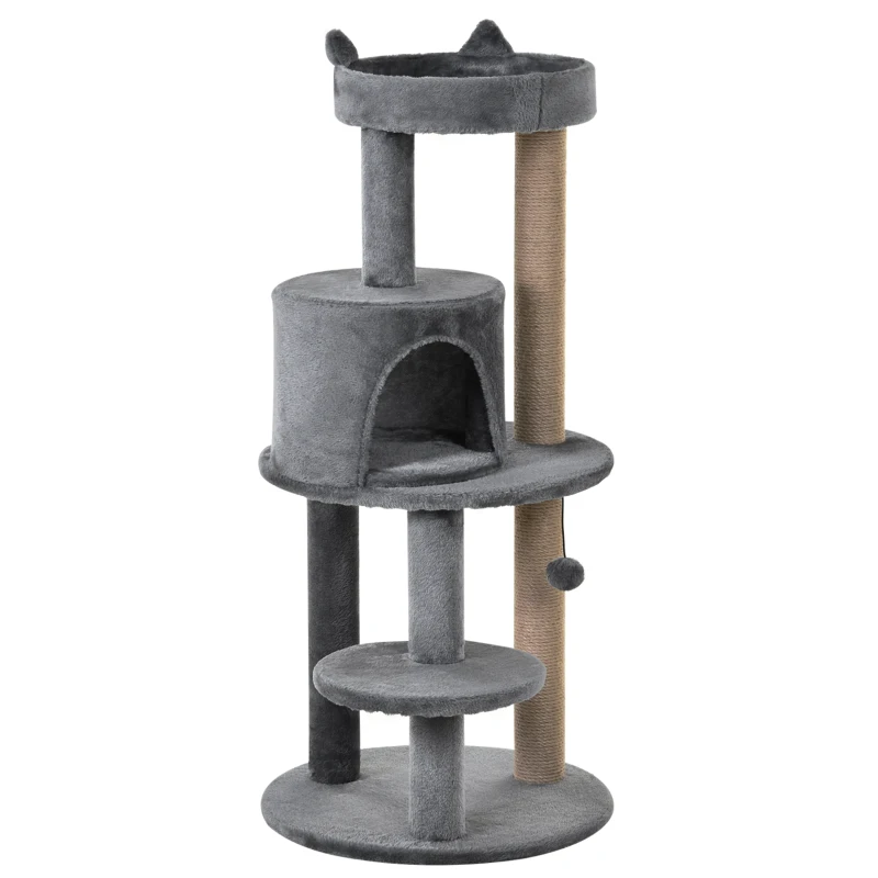PawHut Árbol Rascador para Gatos de 104 cm Rascador para Gatos con Plataformas Refugio Postes de Sisal y Bola 48x48x104 cm Gris