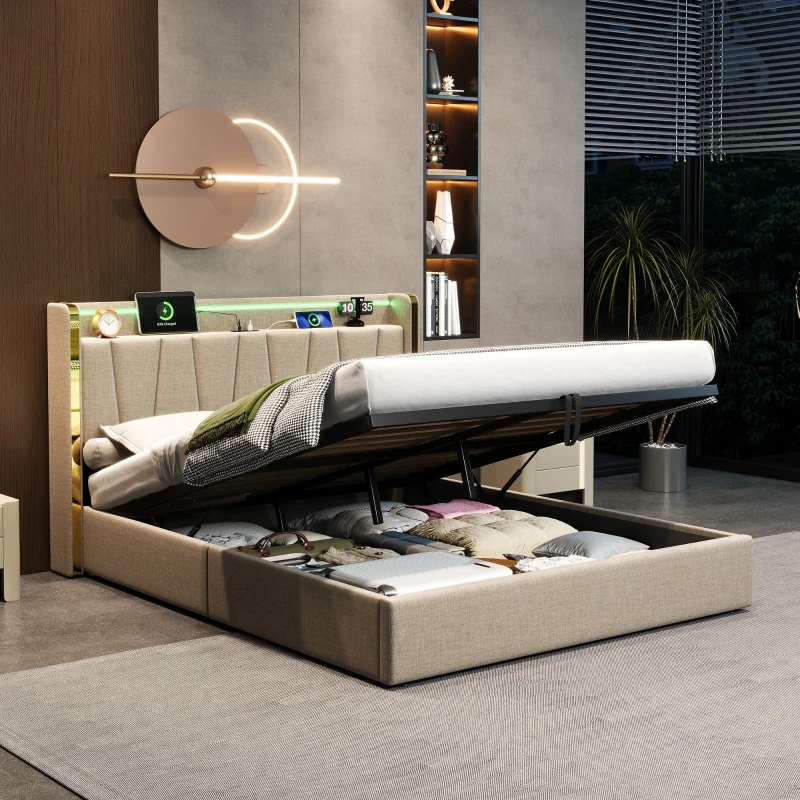 Double Upholstered Bed Frame with Hydraulic Storage, LED Headboard with USB and Type-C Charging Ports, 214L x 150W x 110H cm, Beige