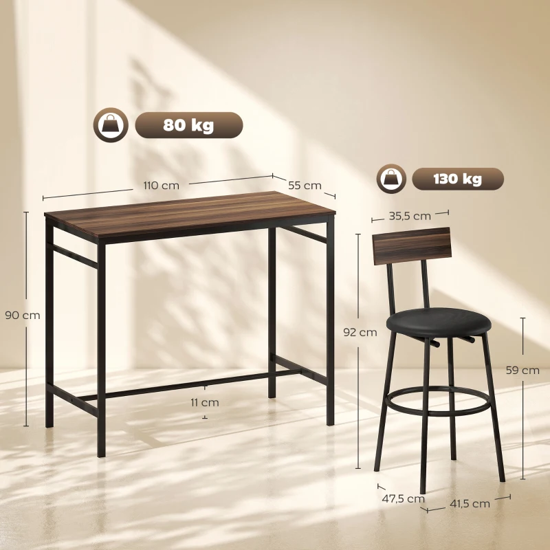 HOMCOM 5-teiliges Bartisch-Set mit 4 Stühlen, Industrielles Design, für Küche, Esszimmer, Holz, Stahl, Braun(m-3)