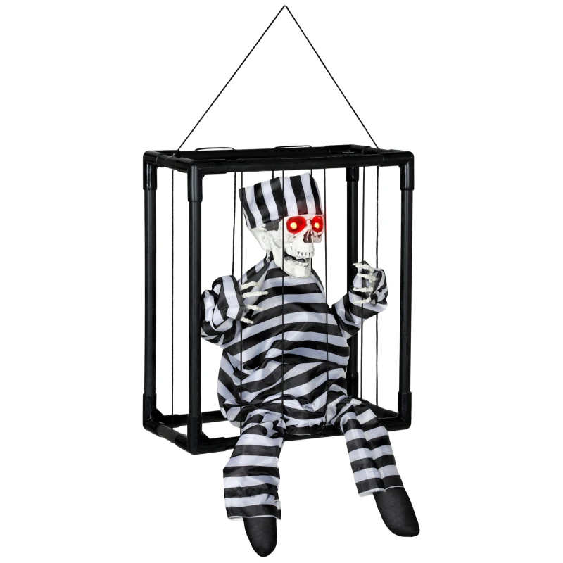 Outsunny Halloween Animated Hinging Skeleton Prisoner in Cage with Glowing LED Eyes, Spooky Skeleton Scary Halloween Decorations, Battery Operated, Indoor Party Props