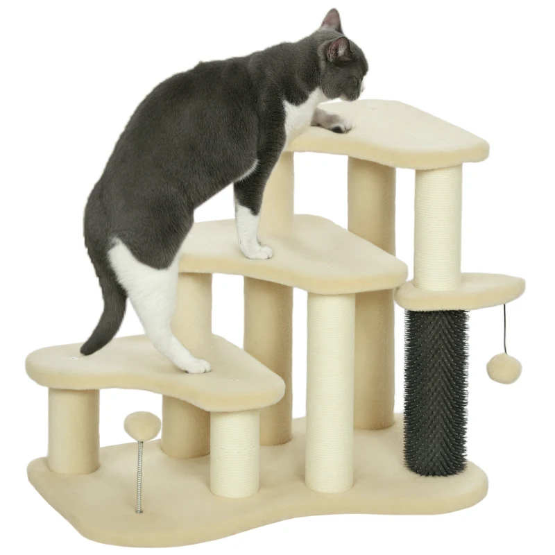 PawHut 2-in-1 Cat Tree, Pet Stairs with Scratching Tickling Post, Toy Balls, for Bed, Sofa, Couch, Beige