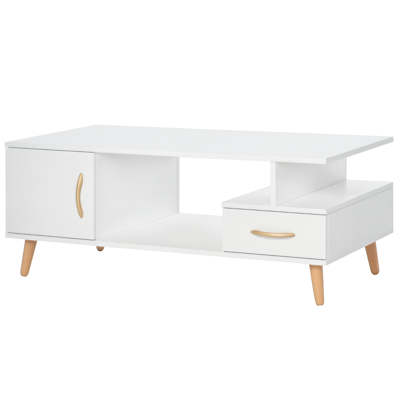 HOMCOM Table Basse rectangulaire Design scandinave 100L x 50l x 40H cm Niche + tiroir & Placard Bois Massif pin Panneaux Particules Blanc