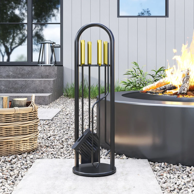 Outsunny Juego de Utensilios para Chimenea de 5 Piezas de Metal con Escoba Pala Tenazas Atizador y Soporte 20x20x71 cm Dorado