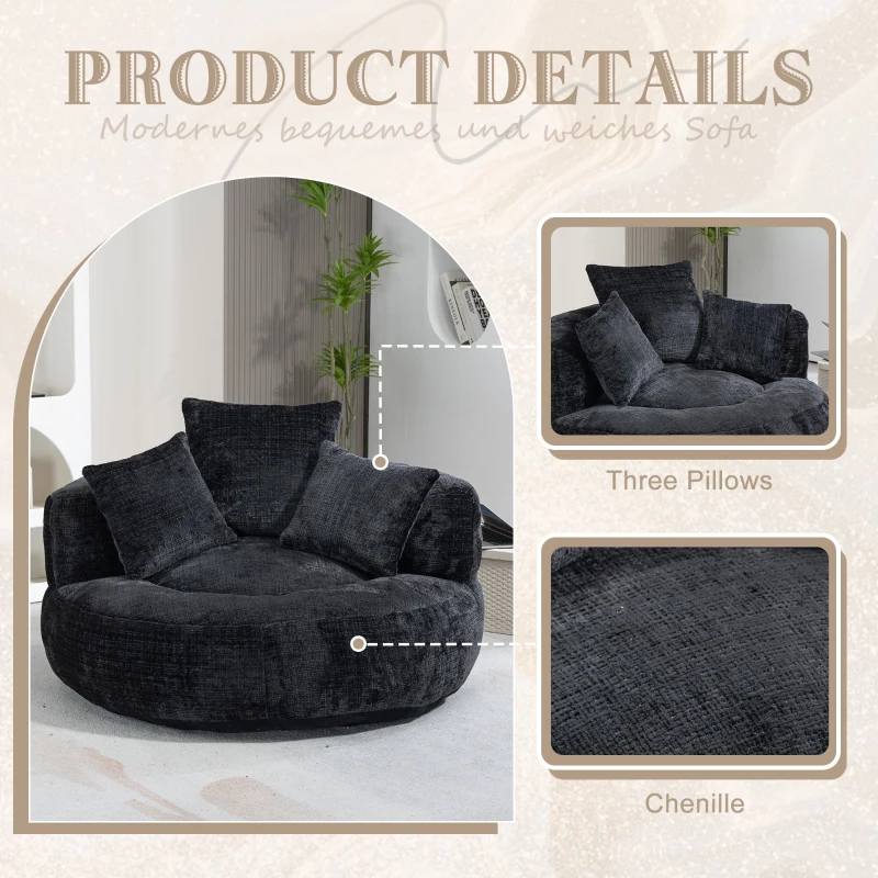 Lazy Sofa Bean Bag Chair with Memory Foam Filling and Chenille Fabric, High Back Design with Three Pillows, 108L x 108W x 52H cm, Black
