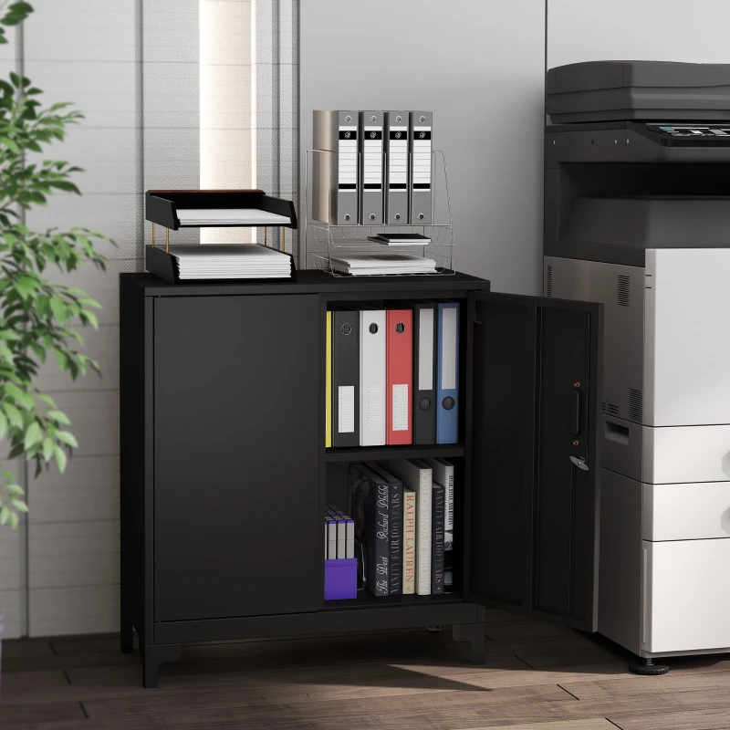 HOMCOM Büroschrank aus Metall, verschließbare Türen, Bürokommode, 2-stufiges Design, Schwarz(m-8)