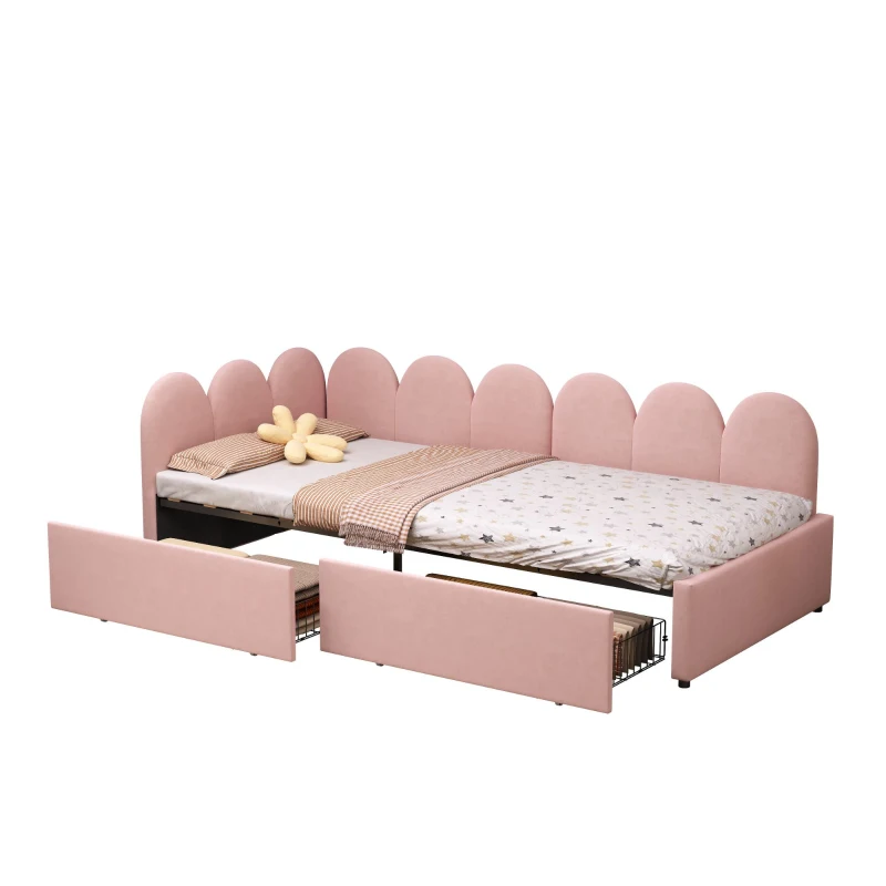 Single Velvet Daybed with Two Storage Drawers, Modern Youth Bed Frame with Wooden Slats, Easy Assembly, 202L x 97W x 73H cm, Pink