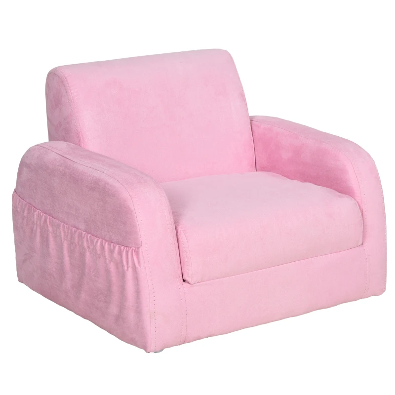 HOMCOM Sillón para Niños de 3 Años Sofá Transformable Diseño 2 en 1 Cama Infantil Plegable de 2 Posiciones con Reposabrazos Asiento Ancho Acolchado 47x45x38 cm Rosa