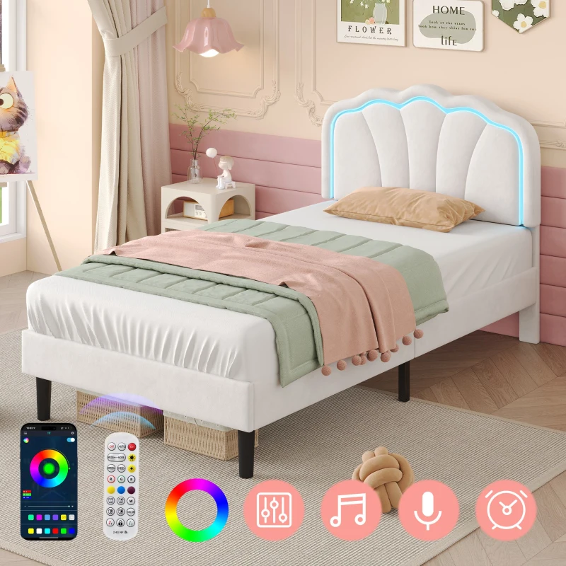 Single Upholstered Bed Frame with Adjustable Shell Headboard and RGB LED, Velvet Fabric and Solid Wood Slat, 194L x 94W x 111H cm, White