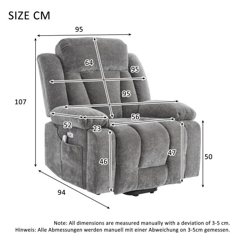 Electric Power Lift Recliner Chair with Massage and Heat, USB Ports and Storage Pocket, Easy Assembly and Support, 95L x 94W x 107H cm, Grey