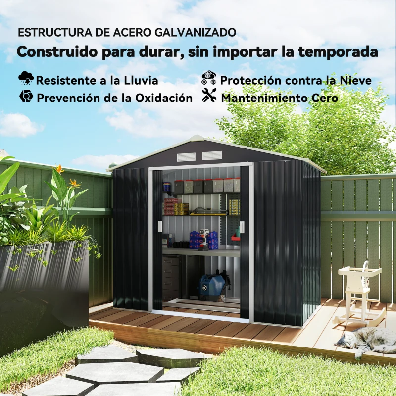 Outsunny Caseta de Jardín 213x130x185 cm Cobertizo Metálico de Exterior para Almacenamiento de Herramientas Gris Oscuro