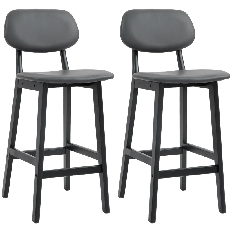 HOMCOM Bar Stools Set of 2, Contemporary Breakfast Bar Chairs, Faux Leather Upholstered Kitchen Stools with Backs and  Solid Wood Legs, Dark Grey