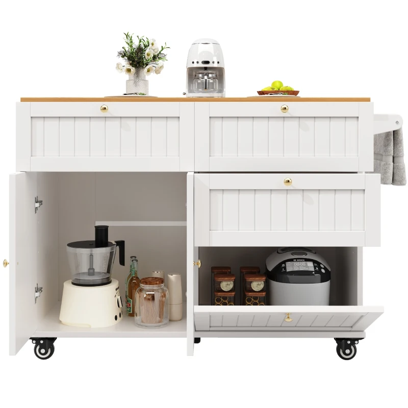 Rolling Mobile Kitchen Island Cart with Drawer and Storage Cabinet, Drop Leaf and Multi-Functional Design, 133L x 70W x 88H cm, White