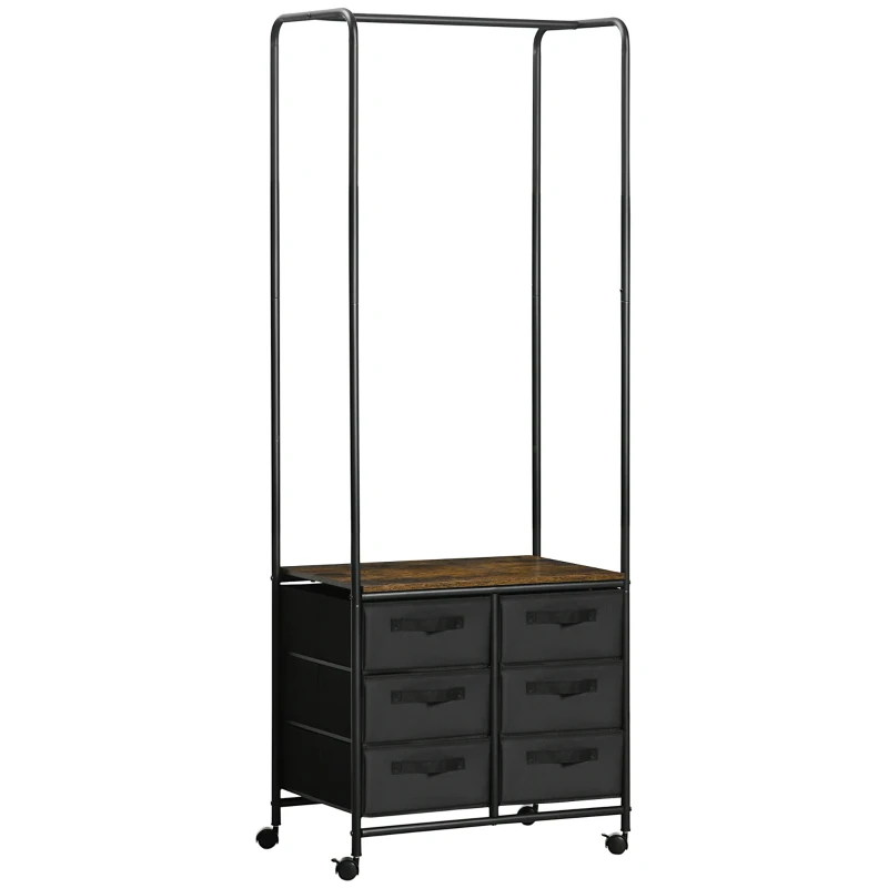 HOMCOM Cabideiro para Roupa com Rodas 6 Gavetas de Tecido Barra para Pendurar para Corredor Quarto 63,5x40x172,5 cm Castanho Rústico