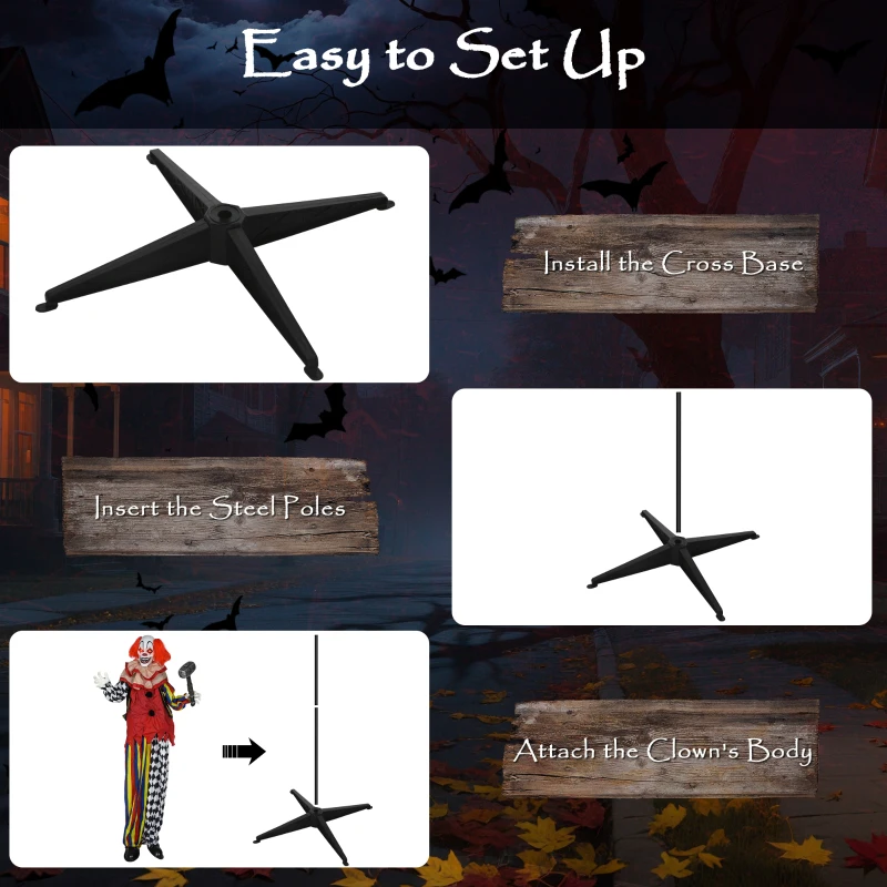 Outsunny 173 cm Life Size Halloween Animated Standing Clown & Hammer with Red Light Up Eyes, Sound Activated Moving Arms & Head, Scary Clown Halloween Decorations, Battery Operated, Indoor Party Props