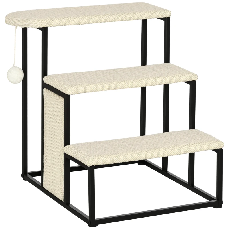 PawHut Escada para Cães com 3 Degraus Bola Suspensa Painel para Arranhar e Estrutura de Aço 47x45x47 cm Creme e Preto