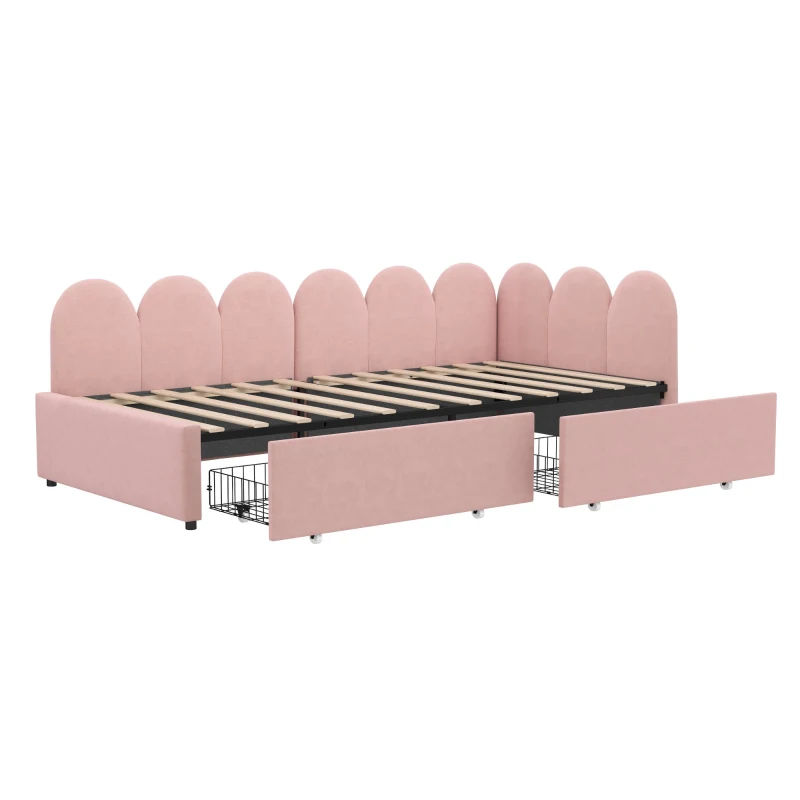 Single Velvet Daybed with Two Storage Drawers, Modern Youth Bed Frame with Wooden Slats, Easy Assembly, 202L x 97W x 73H cm, Pink