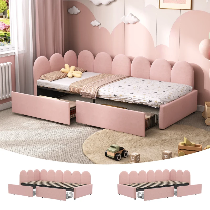 Single Velvet Daybed with Two Storage Drawers, Modern Youth Bed Frame with Wooden Slats, Easy Assembly, 202L x 97W x 73H cm, Pink