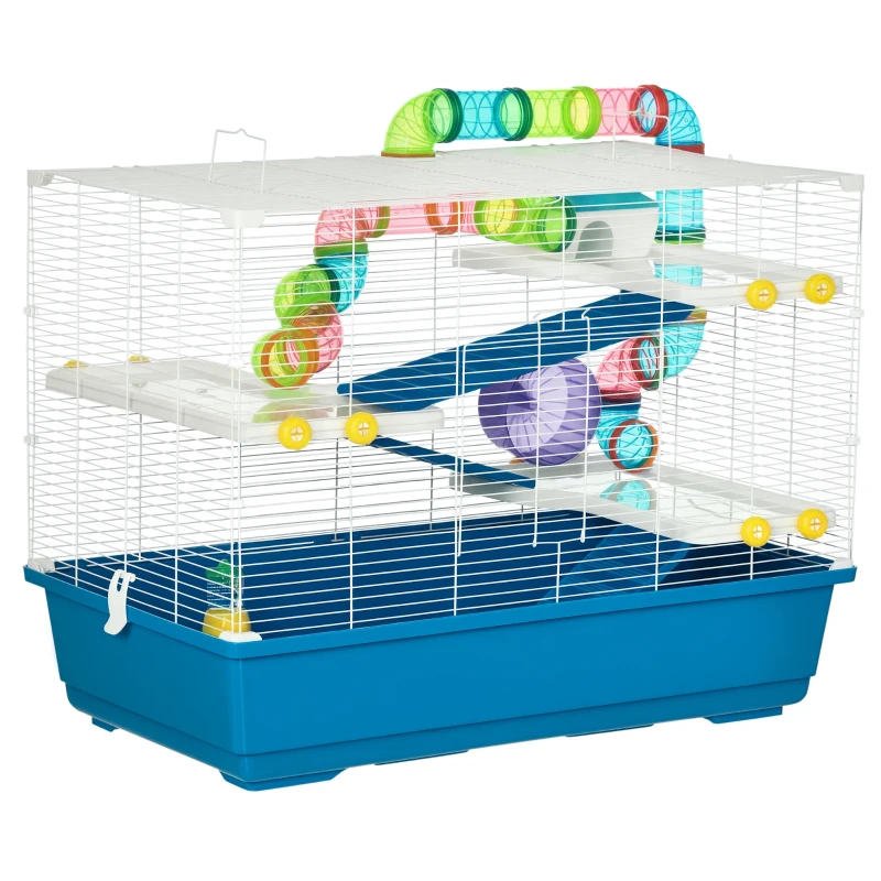 PawHut Gabbia Criceti a 4 Livelli con Ruota, Casetta e Tubi, in Acciaio, PP e PS, 79x46x60 cm, Blu e Bianco