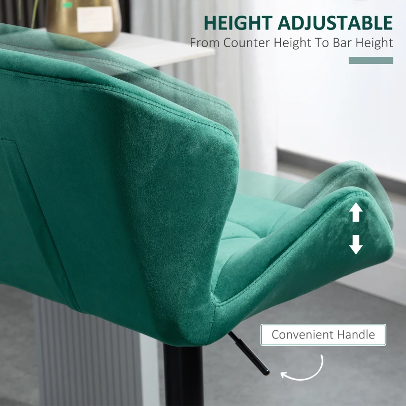 IE Located HOMCOM Velvet-Touch Bar Stools Set of 2 Fabric Adjustable Height Armless Counter Chairs with Swivel Seat, Green