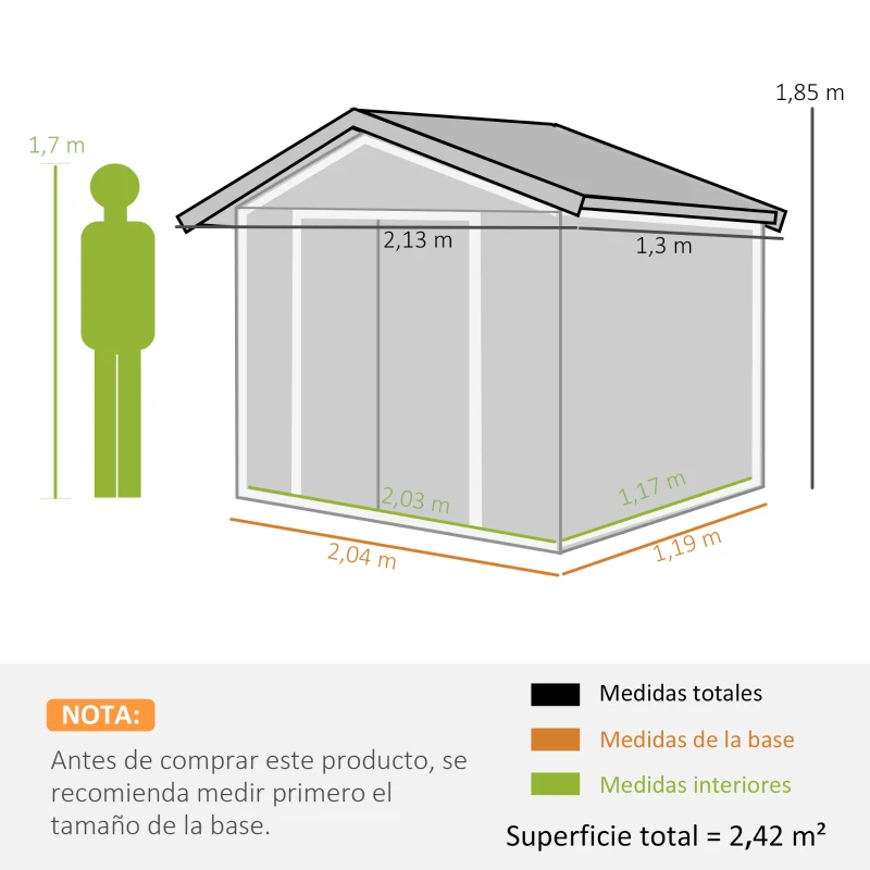Outsunny Caseta de Jardín 213x130x185 cm Cobertizo Metálico de Exterior para Almacenamiento de Herramientas Caqui(m-3)