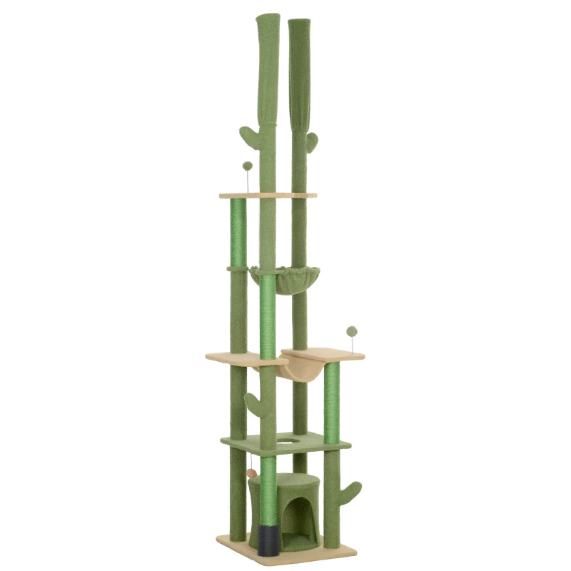 PawHut 225-255cm Adjustable Floor to Ceiling Cat Tree, Tall Cat Tower for Indoor Cats w/ Scratching Posts, Green