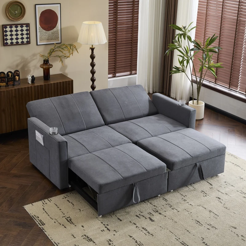 Convertible Fabric Sofa Chair with Cup Holders and Side Pockets, King Size Independent Pull Out Sofa Bed, 207L x 87W x 96H cm, Gray