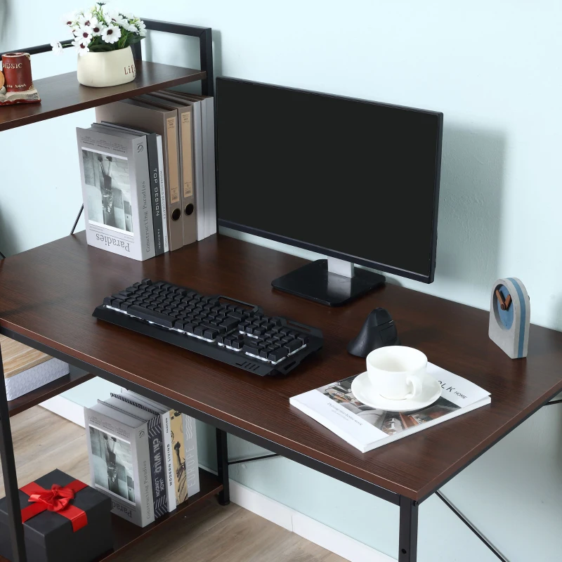 HOMCOM Computer Desk with Storage Shelves, Industrial Writing Table, Study Workstation for Home Office with Metal Frame, Walnut and Black(m-9)