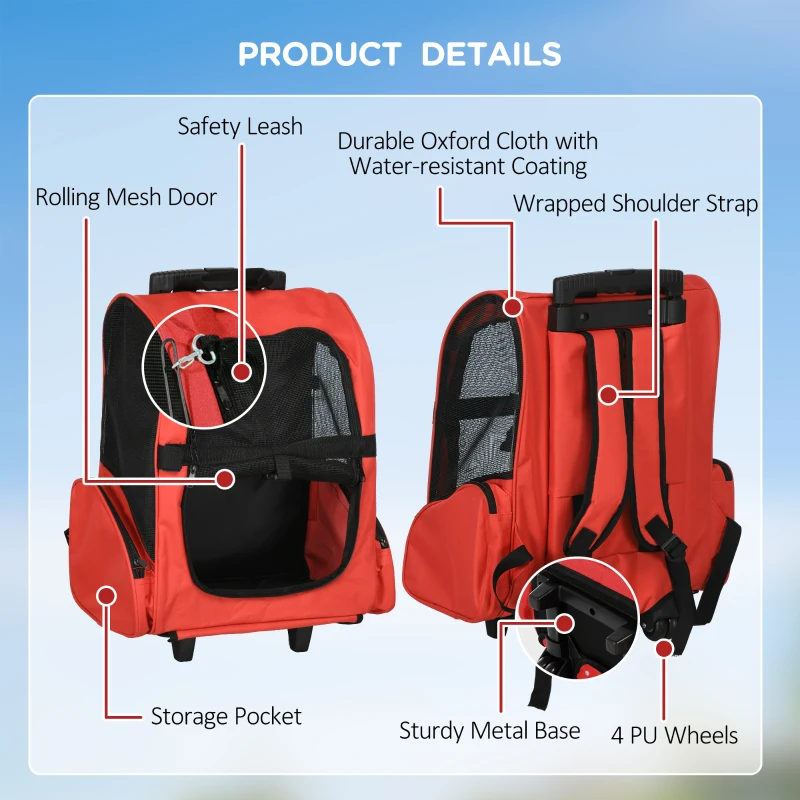 PawHut Pet Travel Backpack Bag Cat Puppy Dog Carrier w/ Trolley and Telescopic Handle Portable Stroller Wheel Luggage Bag (Red)