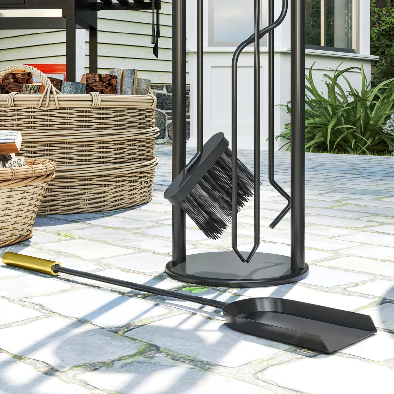Outsunny Set Utensili per Camino di 5 Pezzi in Metallo con Scopa Paletta Pinze Attizzatoio e Supporto 20x20x71 cm Dorato