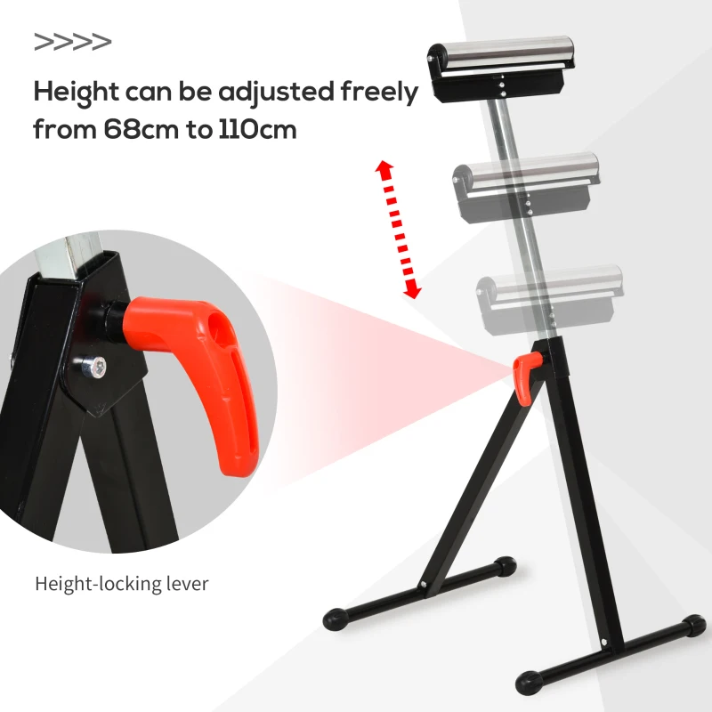 HOMCOM Folding Roller Stand, Height Adjustable Portable Support Pedestal with Ball Bearing Roller, Metal Construction, Black