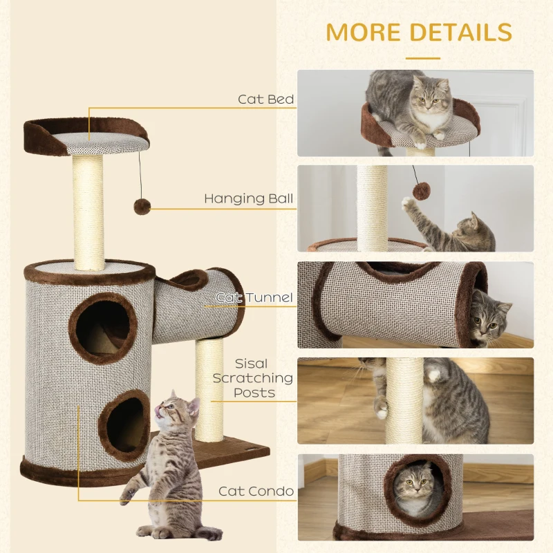 PawHut Cat Tree Tower Indoor Cats Climbing Activity Centre Kitten Furniture w/ Cat House, Bed, Scratching Post, Brown