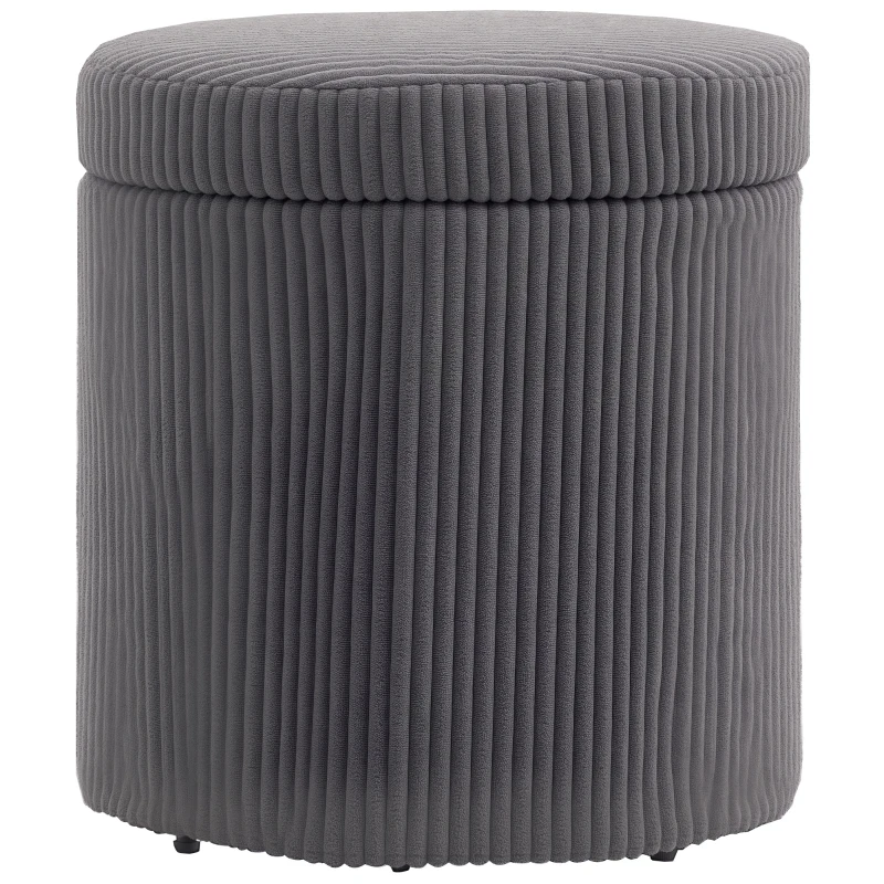 HOMCOM 40cm Round Storage Ottoman, Corduroy Footstool with Removable Lid and Legs, Vanity Stool for Living Room, Bedroom, Grey