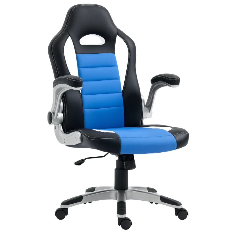 HOMCOM Racing Gaming Chair PU Leather Office Chair Executive Computer Desk Chair with Adjustable Height, Flip Up Armrest, Swivel Wheels, Blue