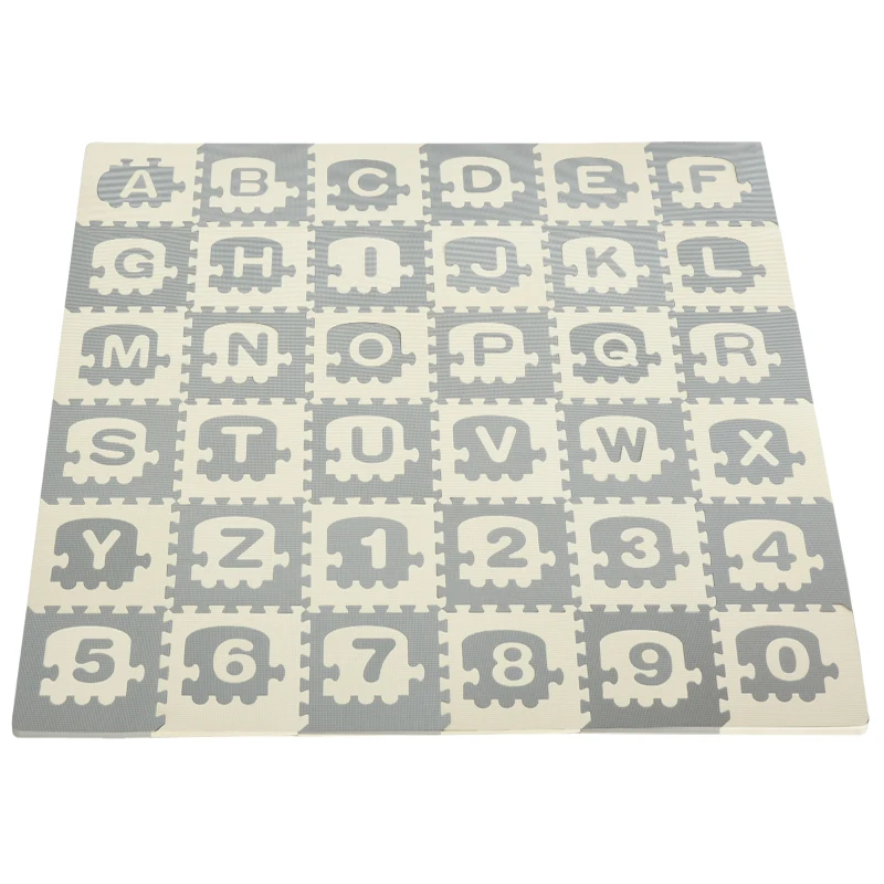 HOMCOM Alfombra Puzzle para Bebés 36 Piezas 31,5x31,5 cm con 26 Letras (A-Z) y Números 0 al 9 Juego Ronpecabezas Infantil de 3,24 m² Espuma EVA Suave Gris y Blanco