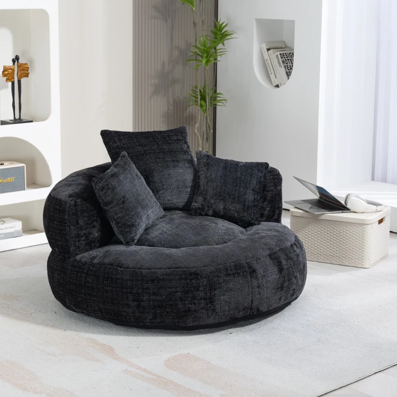 Lazy Sofa Bean Bag Chair with Memory Foam Filling and Chenille Fabric, High Back Design with Three Pillows, 108L x 108W x 52H cm, Black