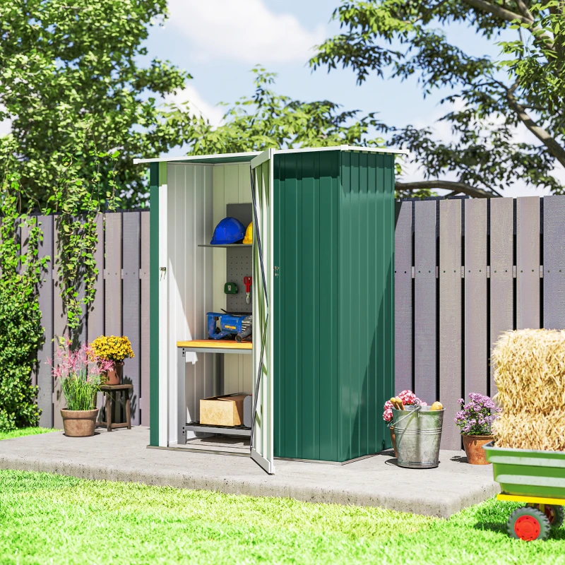 Outsunny Abrigo de Jardim 142x84x189cm Abrigo de Jardim de Aço Galvanizado com Porta Fechadura e Orifícios de Drenagem para Armazenamento de Ferramentas Verde