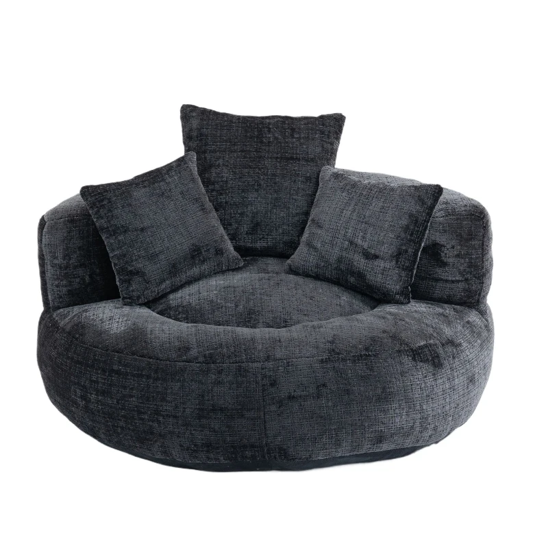 Lazy Sofa Bean Bag Chair with Memory Foam Filling and Chenille Fabric, High Back Design with Three Pillows, 108L x 108W x 52H cm, Black