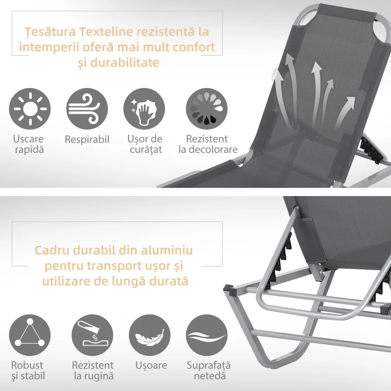 Outsunny Sezlong din aluminiu, sezlong pentru gradina cu spatar reglabil pe 5 pozitii, 163x58.5x91cm, argintiu