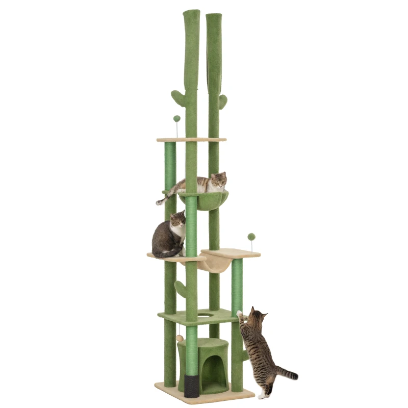 PawHut 225-255cm Adjustable Floor to Ceiling Cat Tree, Tall Cat Tower for Indoor Cats w/ Scratching Posts, Green