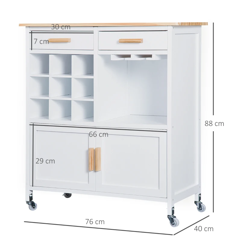 HOMCOM Rolling Kitchen Cart, Kitchen island with 9-bottle Wine Rack, Glass Holder, Serving Trolley with Wood Top, Drawer and Cabinet, White