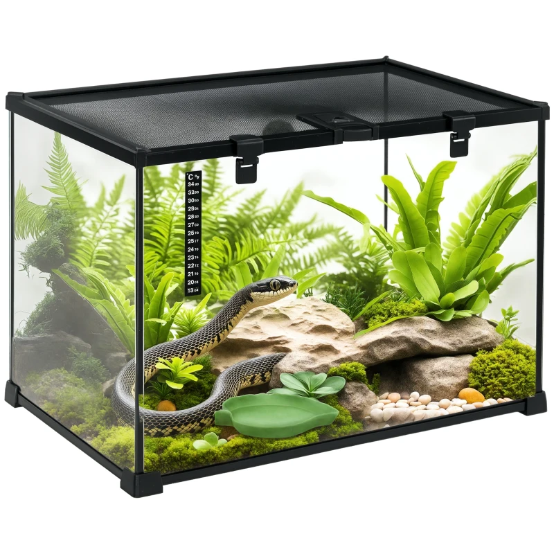 PawHut Terrarium für Reptilien Reptile Fütterungsbox Glasterrarium Amphibien Spinnentiere mit Thermometer Reptilienzuchtbox Metall Schwarz 50 x 30 x 35 cm
