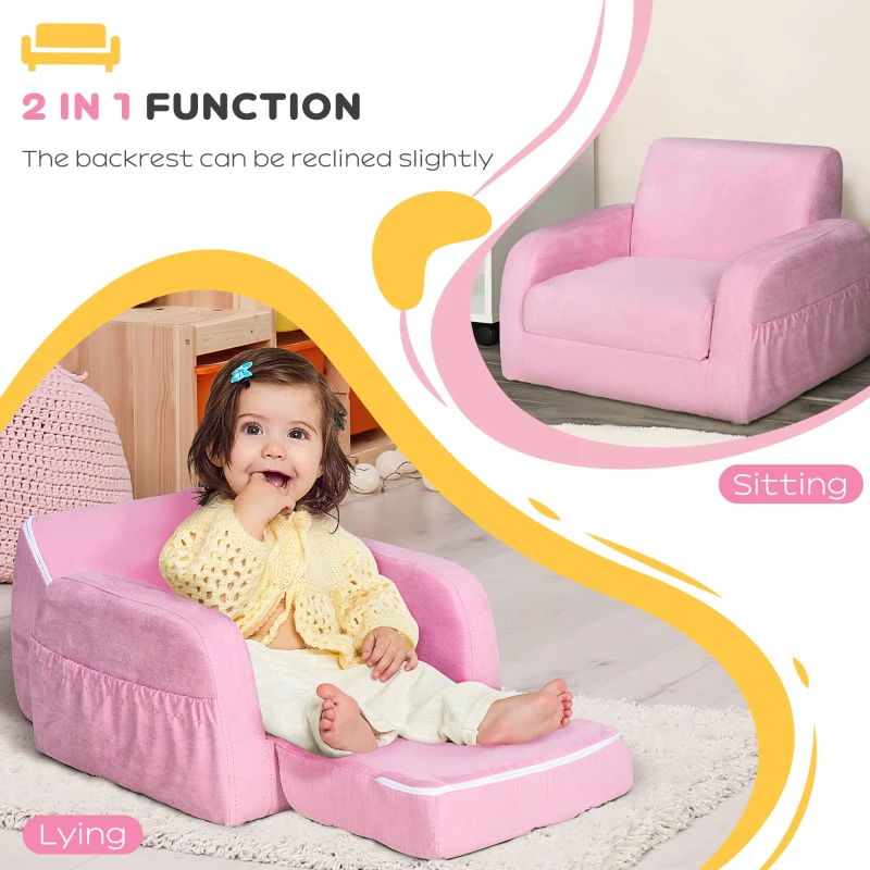 HOMCOM 2 In 1 Kids Sofa, Children Folding Couch with Reclining Back, Soft Flannel Foam Toddler Furniture for Kid, Pink