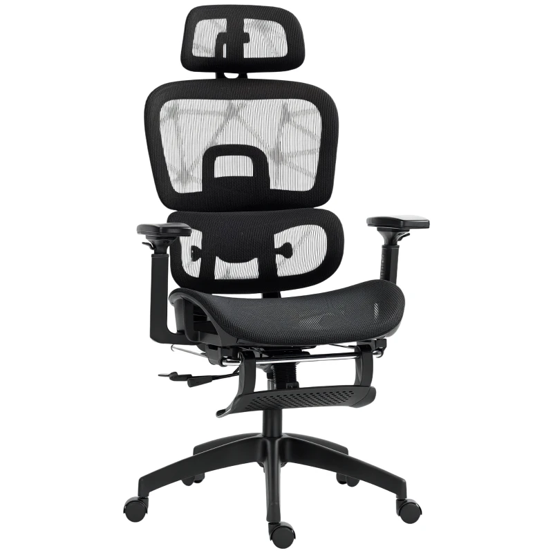 HOMCOM Bürostuhl, Ergonomischer Schreibtischstuhl mit Netzstoffbezug, verstellbar, rollbar, mit Armlehnen, Kopfstütze, Schwarz(m-10)