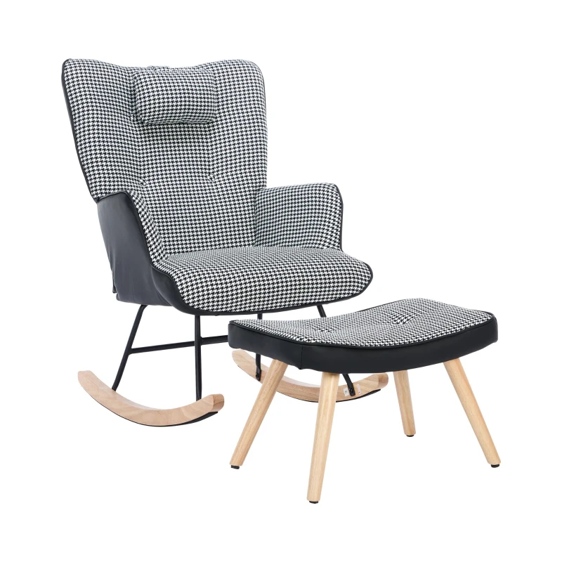 Fabric Rocking Chair with Solid Wood Legs, High Back Recliner with Footstool and Neck Pillow, 85L x 65W x 96H cm, White+Black