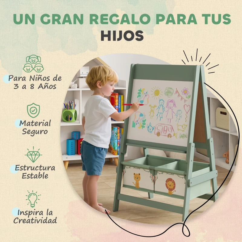 AIYAPLAY Pizarra Infantil Caballete 3 en 1 Caballete de Pintura para Niños de Doble Cara con Rollo de Papel y Cestas Verde