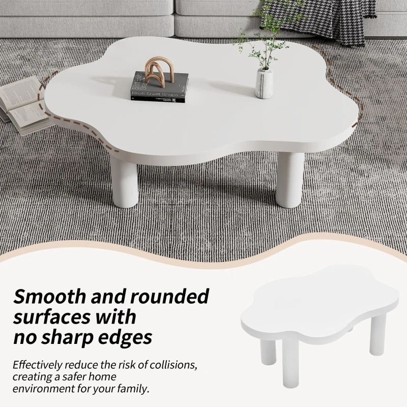 Cloud Shaped Coffee Table with Robust Construction, Modern Design with Rounded Corners, Easy Assembly, 100.5L x 69.5W x 41.5H cm, White