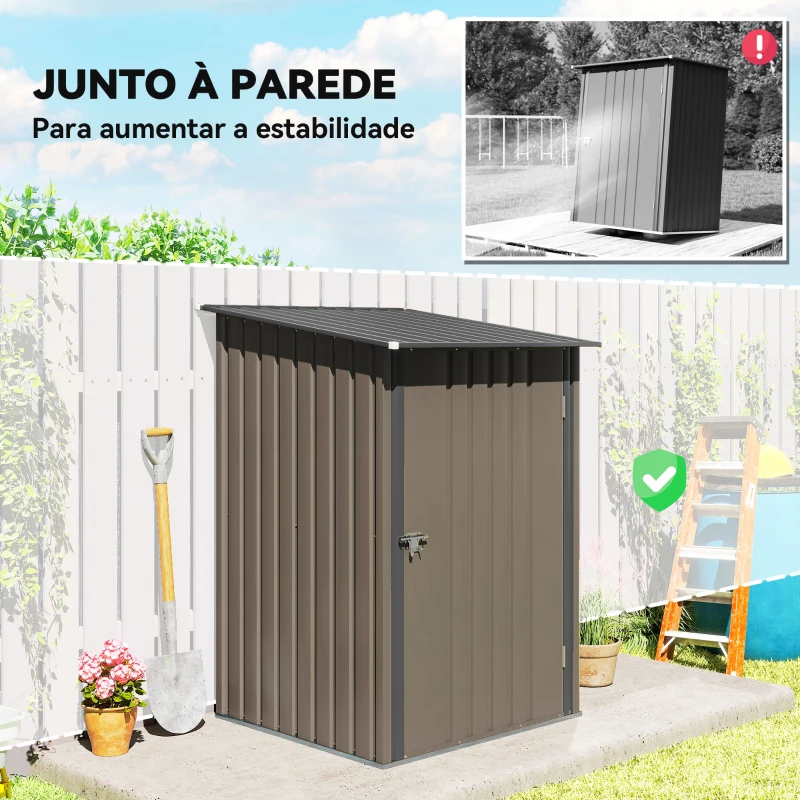 Outsunny Abrigo de Jardim de Aço Galvanizado com Porta Fechadura e Teto Inclinado 0,92 m² 100x103x160 cm Marrom